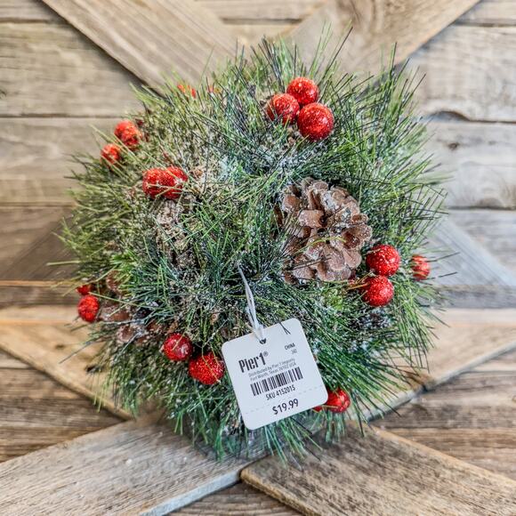 NWT-Pier 1, Christmas Holiday 8" Greenery Ball w/ Faux Pine, Berries & Pinecones - Picture 1 of 5